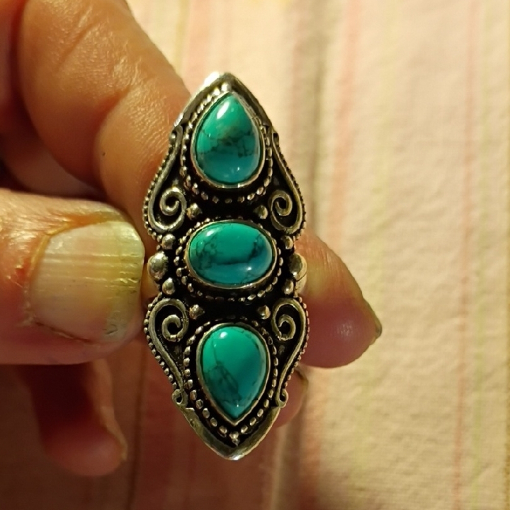Turquoise Teardrop Three-Stone Statement Ring - W… - image 2
